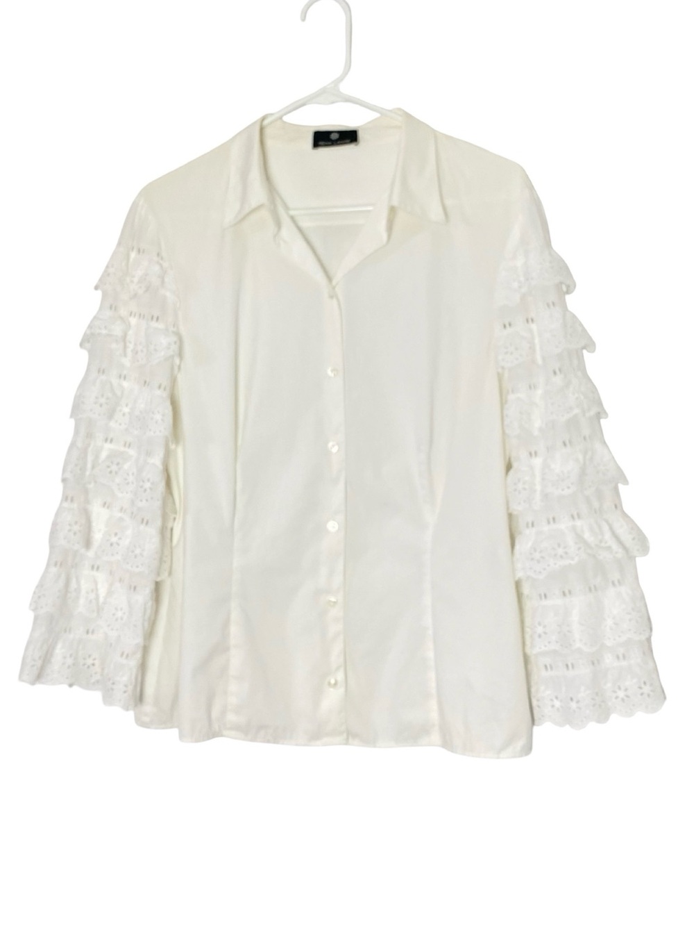 Rena Lange Ruffle Sleeve Blouse Womens Size 14 Button Down Shirt Top White